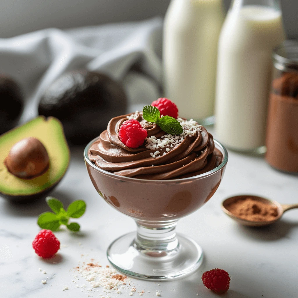 A creamy and luxurious avocado chocolate mousse served in a clear glass dessert cup, topped with fresh raspberries, a sprig of mint, and a sprinkle of grated coconut. The background features ripe avocados, cocoa powder, and milk bottles on a marble countertop.