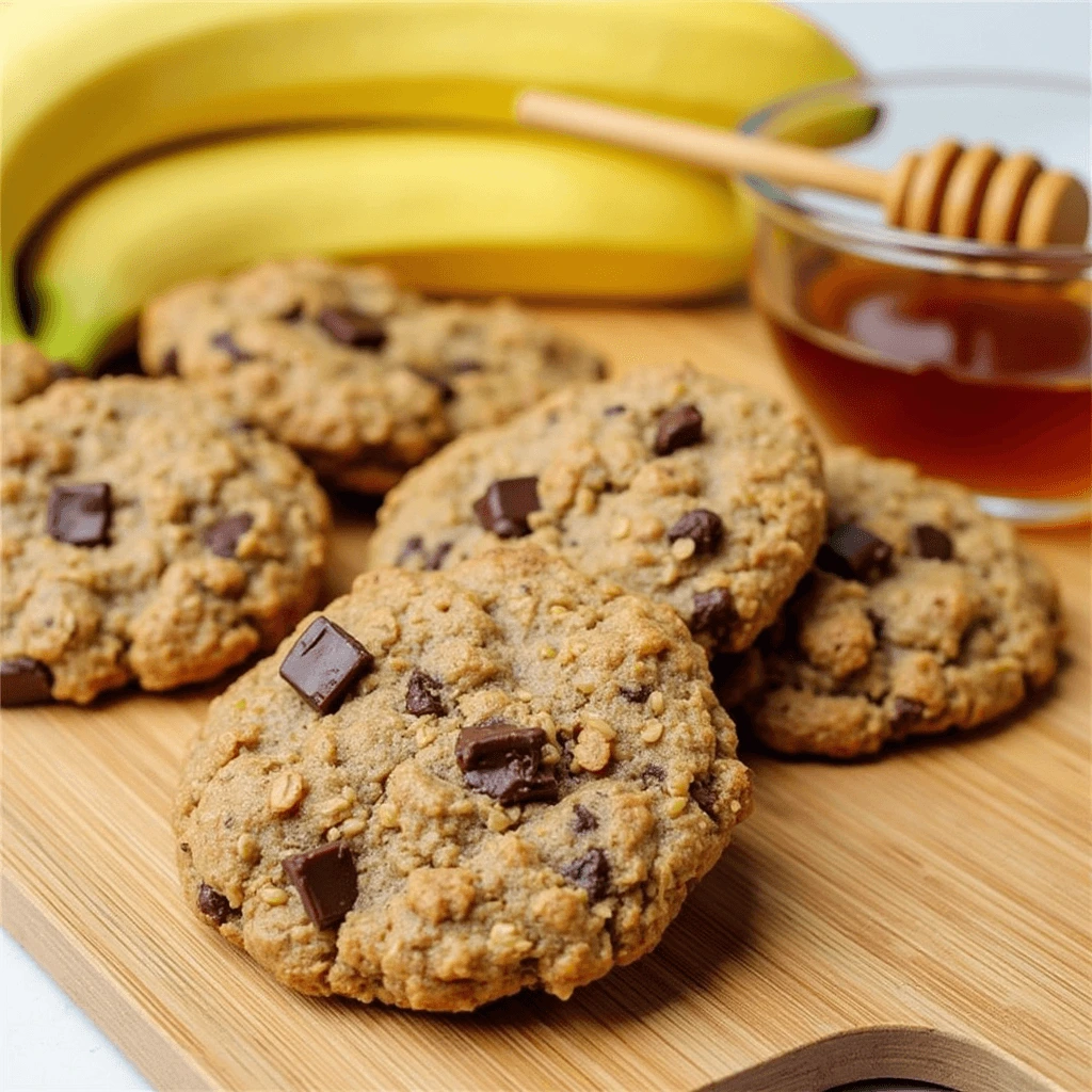 A stack of freshly baked banana oatmeal cookies on a white plate, surrounded by ripe bananas, oats, and a sprinkle of cinnamon on a wooden countertop.