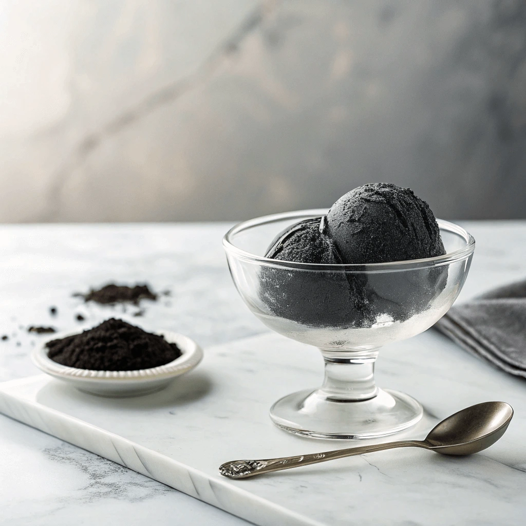 Two scoops of black charcoal ice cream served in a clear glass dessert bowl on a white marble surface, accompanied by a small dish of charcoal powder and a vintage silver spoon.