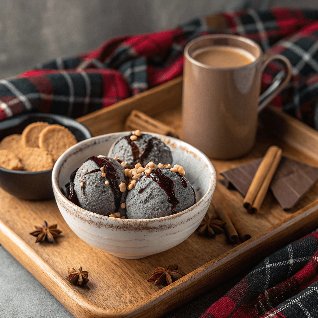 Three scoops of black charcoal ice cream drizzled with syrup and nuts in a ceramic bowl, served on a wooden tray with coffee, cookies, and spices.