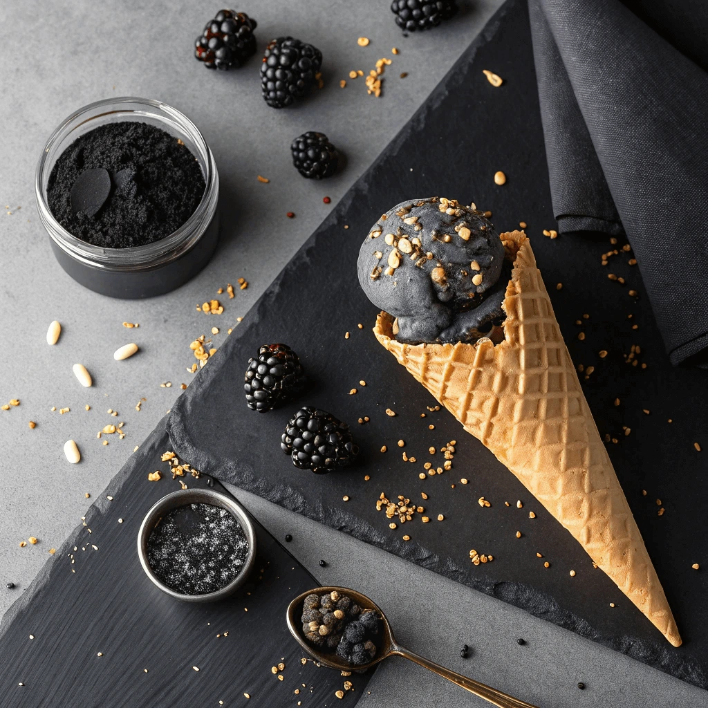 Black charcoal ice cream in a waffle cone topped with granola, surrounded by blackberries, activated charcoal powder, and a spoon on a slate background.