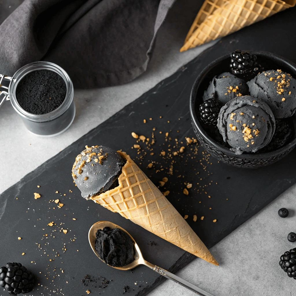 Black charcoal ice cream scoops served in a waffle cone and black bowl, garnished with crushed nuts and surrounded by blackberries on a dark slate background.