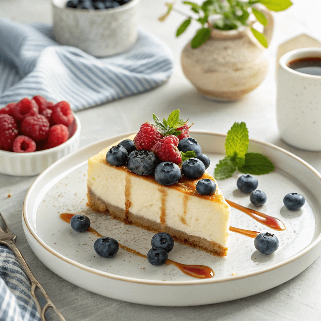 Protein-packed cheesecake with fresh berries, mint leaves, and a drizzle of sugar-free caramel on a white plate.