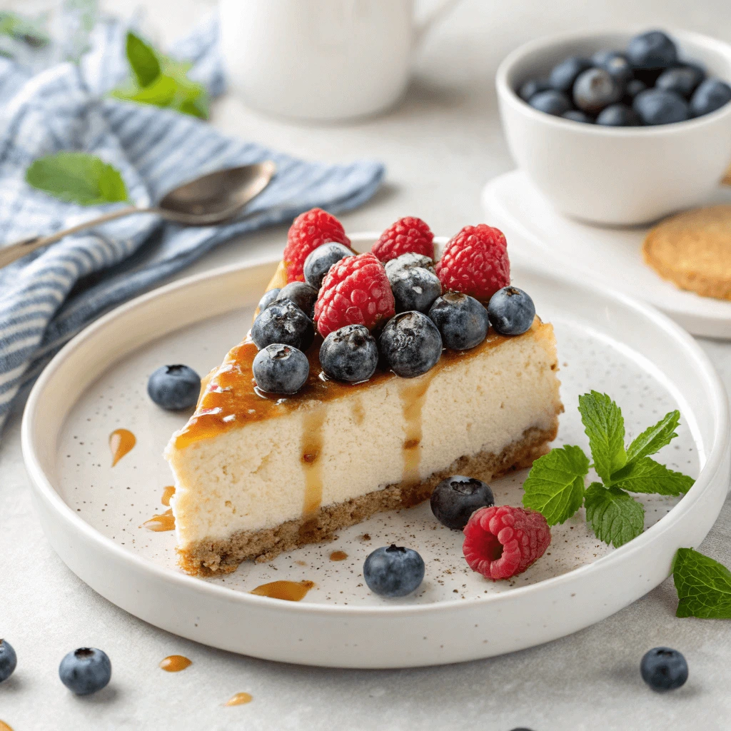 Slice of protein-packed cheesecake with fresh berries and sugar-free caramel drizzle, served on a white plate.