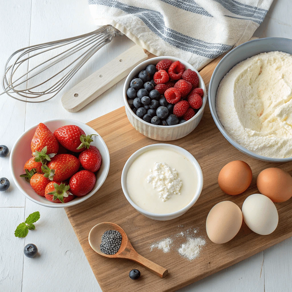 Ingredients for protein-packed cheesecake including Greek yogurt, cottage cheese, vanilla protein powder, almond flour, eggs, and fresh berries on a wooden countertop.