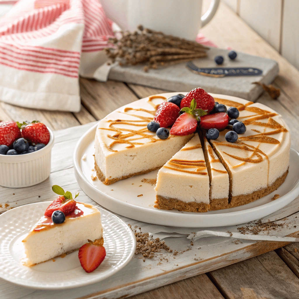 Protein-packed cheesecake topped with fresh berries and a drizzle of sugar-free caramel on a white plate.