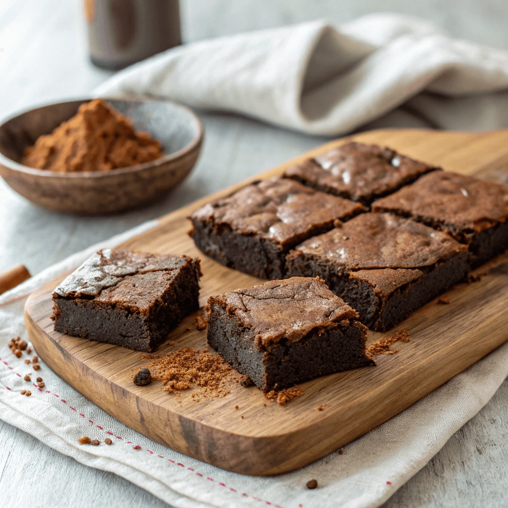 Close-up of sugar-free chocolate brownies cut into squares with a crackly top and fudgy texture.