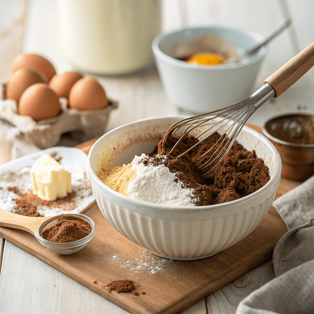 Mixing wet and dry ingredients together in a large bowl to make sugar-free chocolate brownie batter.