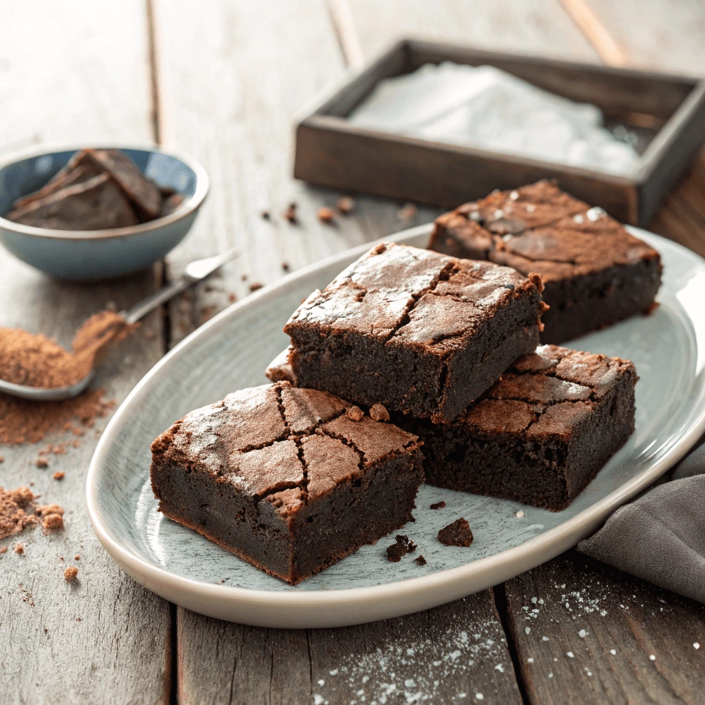 Fudgy sugar-free chocolate brownies with a crackly top, served on a plate with crumbs scattered around.