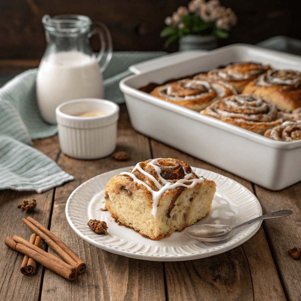 Baked Cinnamon Roll Casserole on Plate with Cream Cheese Icing