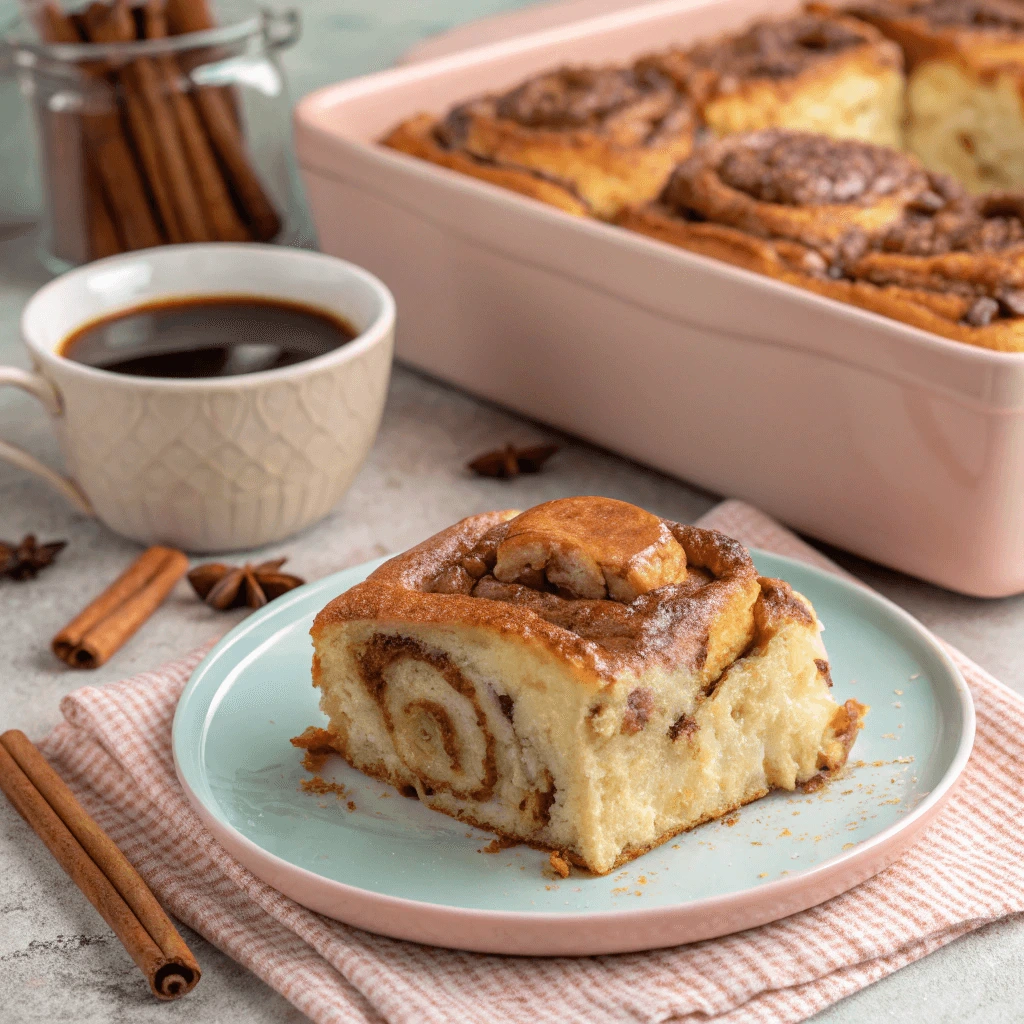 Close-Up of Gooey Cinnamon Roll Casserole with Coffee