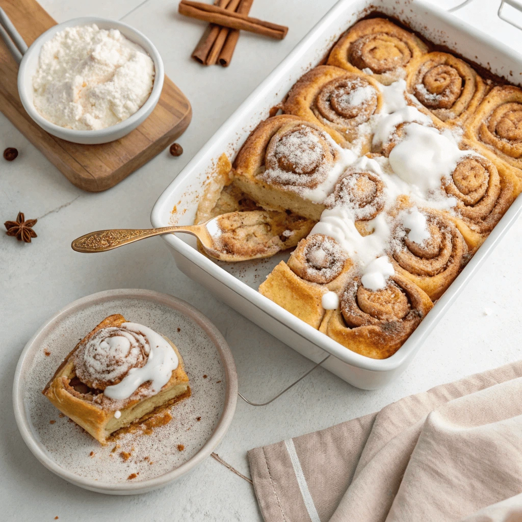 Overhead View of Baked Cinnamon Roll Casserole with Icing and Powdered Sugar