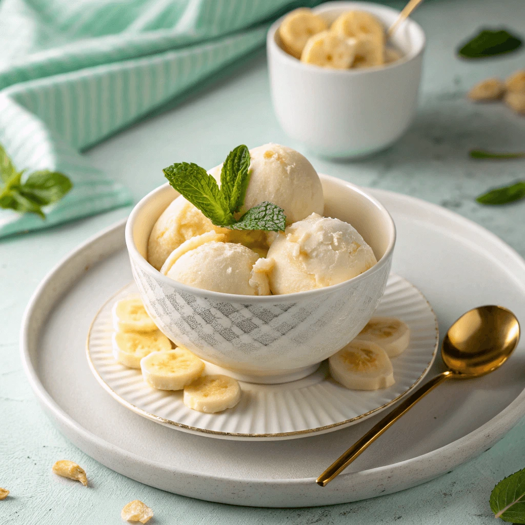 Creamy banana ice cream scoops in a white patterned bowl topped with mint leaves, served with banana slices