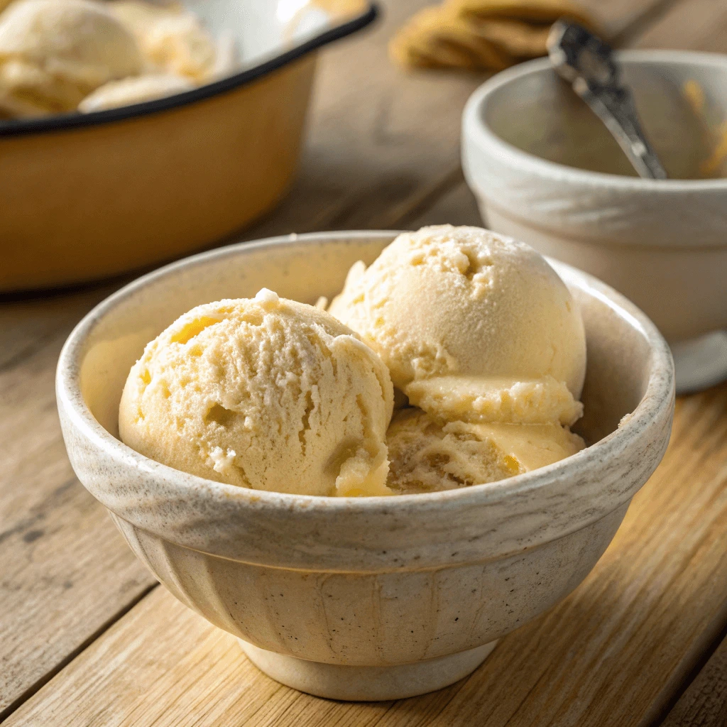 Creamy banana ice cream served in a rustic ceramic bowl on a wooden table