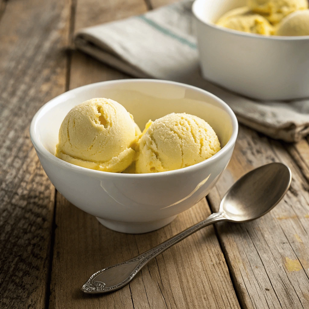 Three scoops of homemade banana ice cream in a stoneware bowl