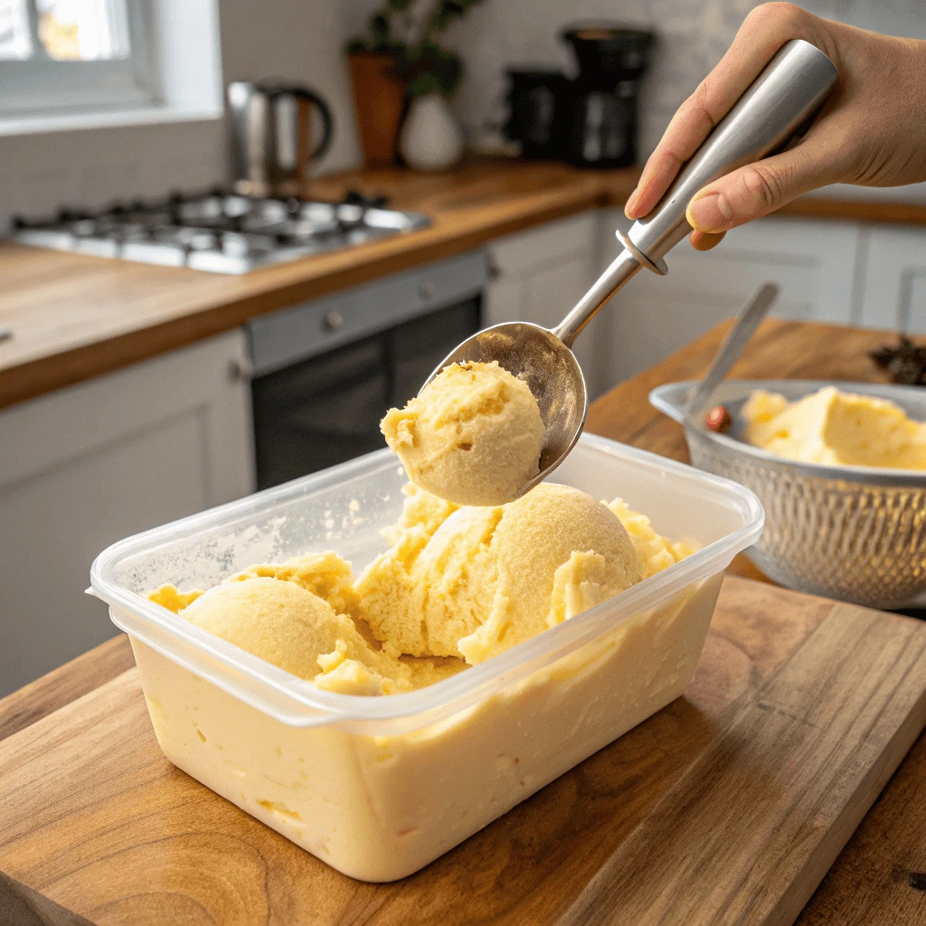 Scooping homemade banana ice cream from a plastic container on a wooden countertop in a home kitchen