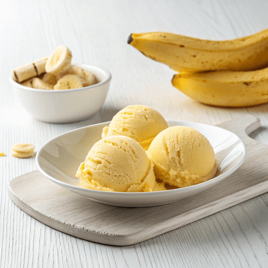 Creamy banana ice cream served in a white ceramic bowl with a spoon