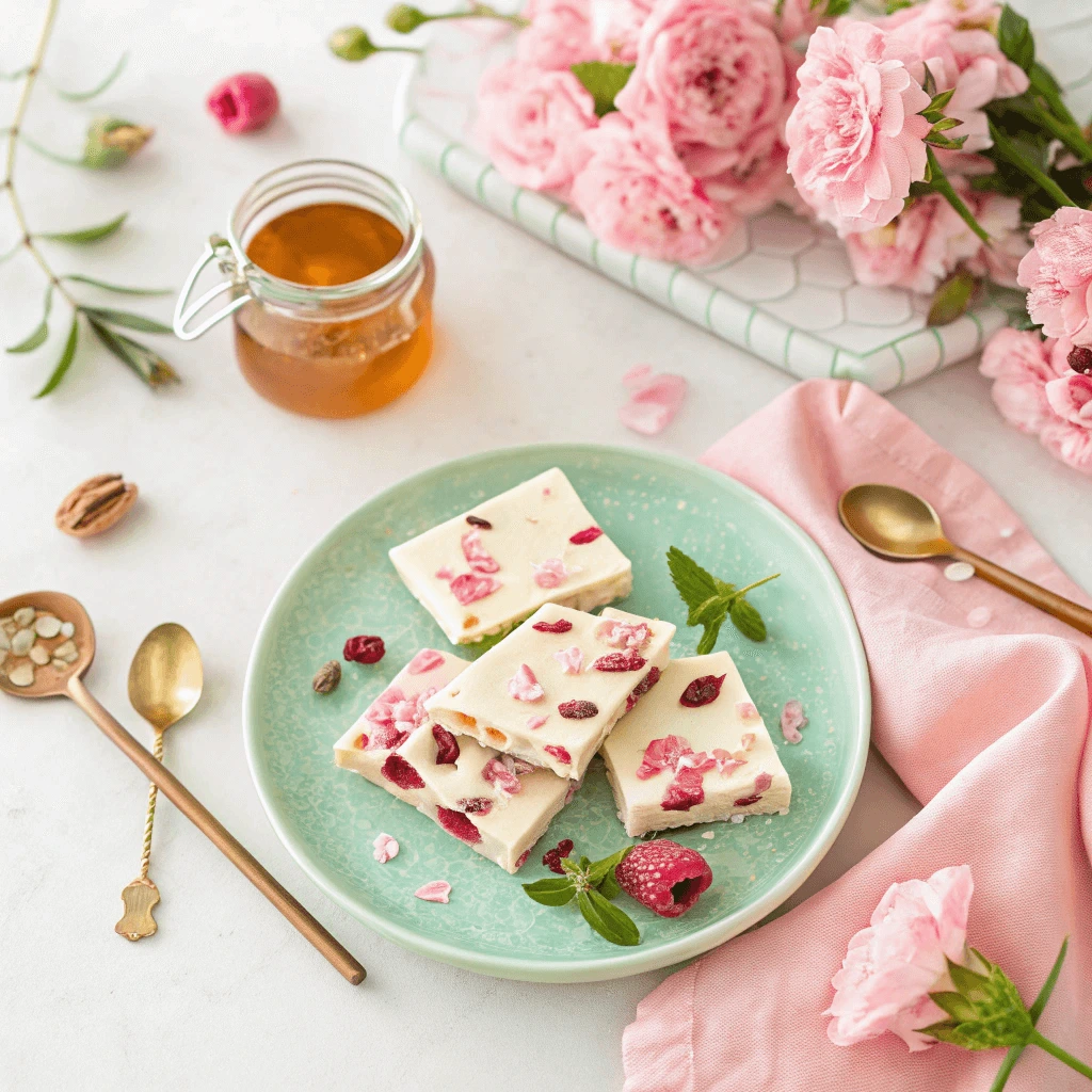 White chocolate and berry frozen yogurt bark served on a mint green plate with pink roses and honey.