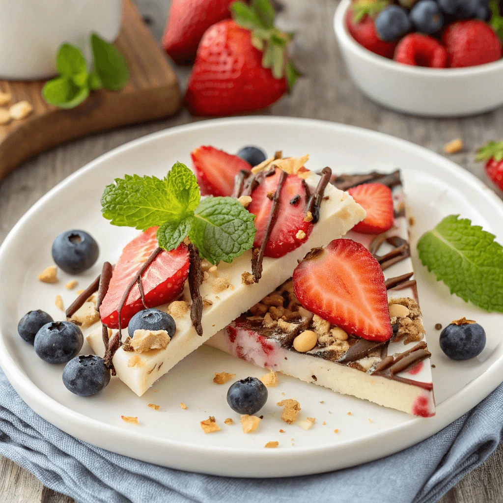 Strawberry and blueberry frozen yogurt bark drizzled with chocolate and garnished with mint on a white plate.