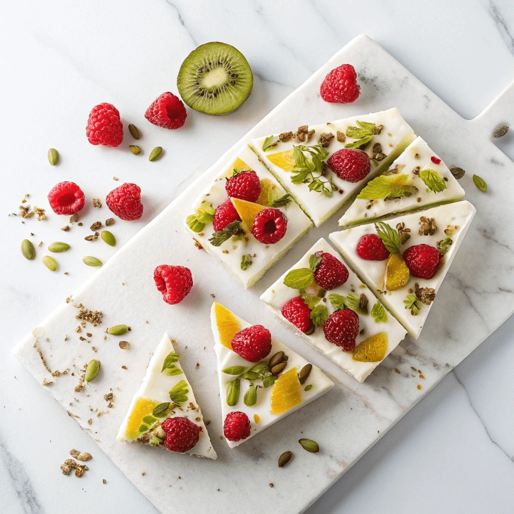 Sliced frozen yogurt bark with raspberries, orange slices, and pumpkin seeds on a marble board.