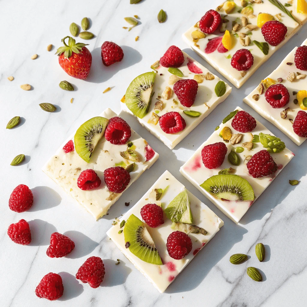 Frozen yogurt bark topped with kiwi slices, blueberries, granola, and pumpkin seeds on a white marble surface.