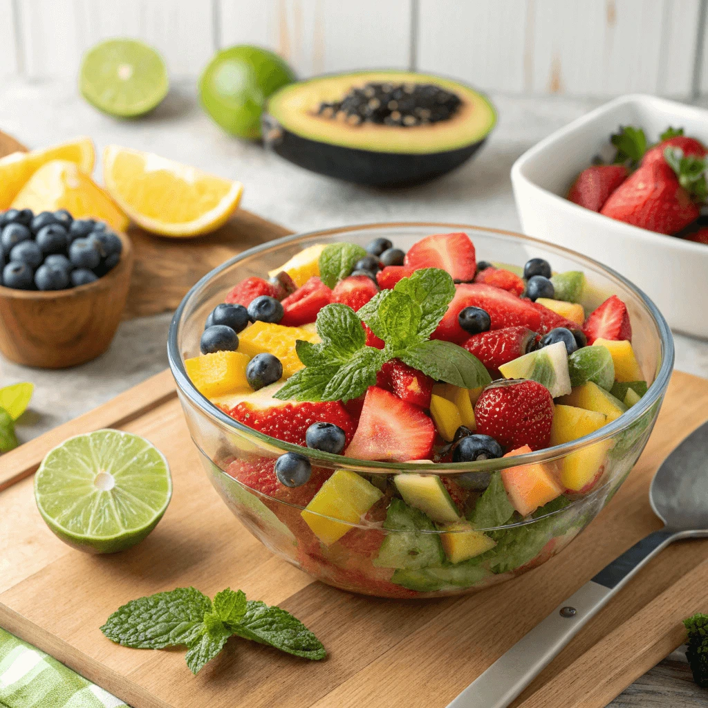 Honey lime fruit salad garnished with fresh mint in a white bowl