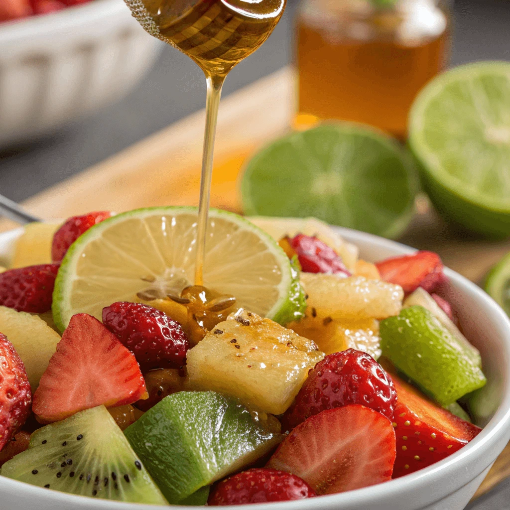 A bowl of honey lime fruit salad with fresh fruit and mint