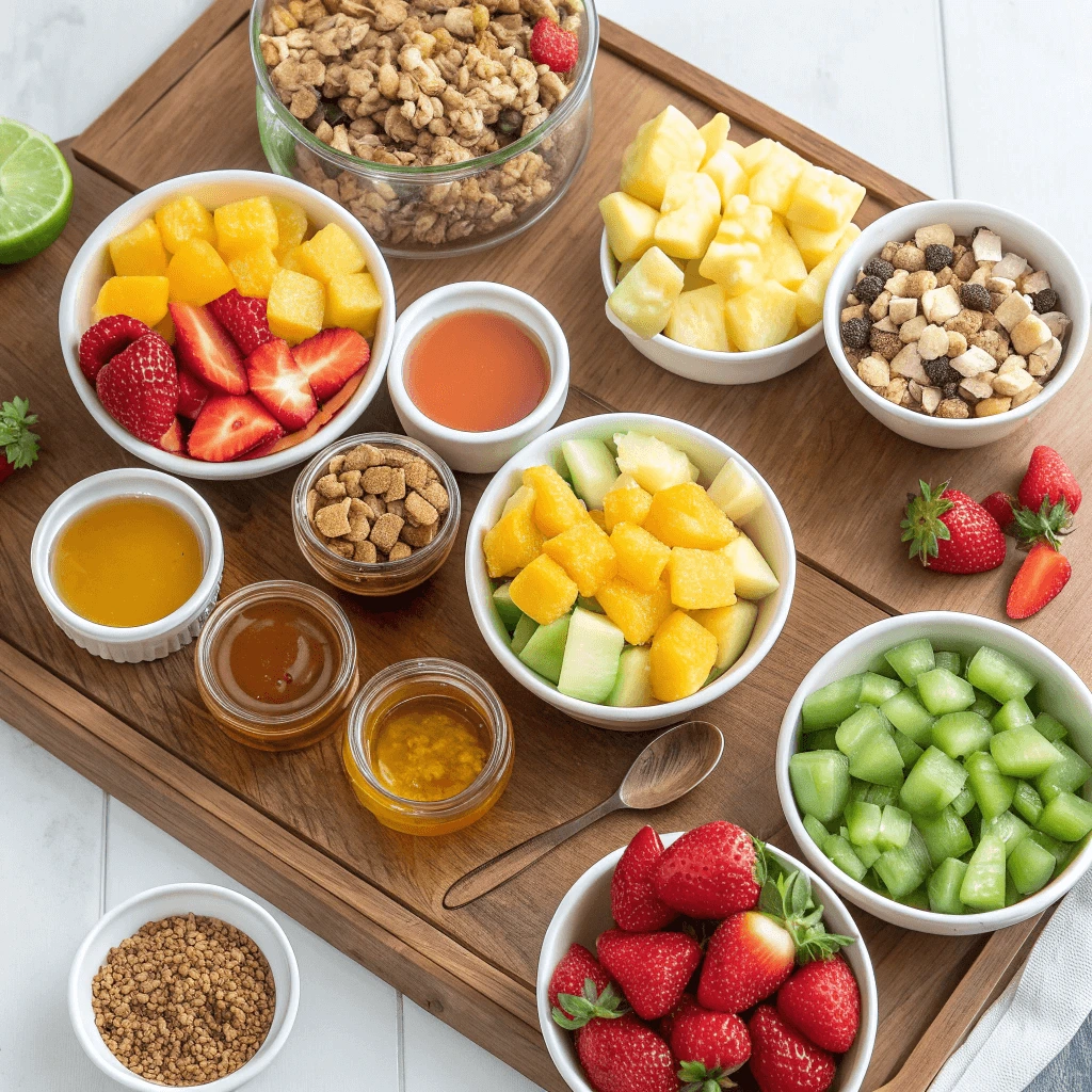 Ingredients for honey-lime fruit salad including fresh fruits, honey, and limes