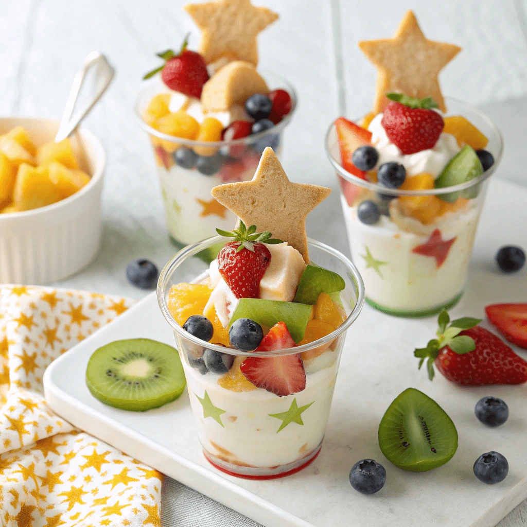 Individual servings of honey lime fruit salad in small cups at a gathering