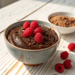 A bowl of creamy vegan chocolate pudding without coconut milk, topped with fresh raspberries and a sprinkle of cocoa powder, set on a wooden surface.