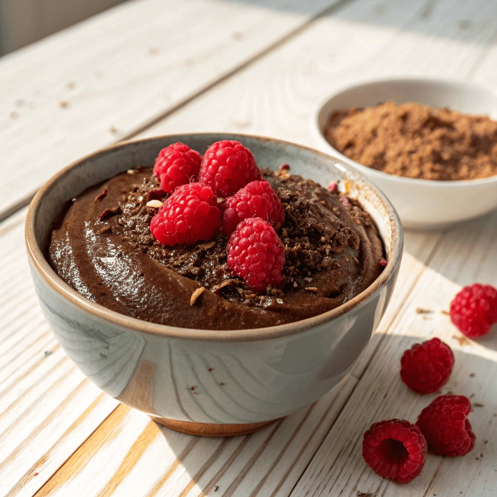 A bowl of creamy vegan chocolate pudding without coconut milk, topped with fresh raspberries and a sprinkle of cocoa powder, set on a wooden surface.