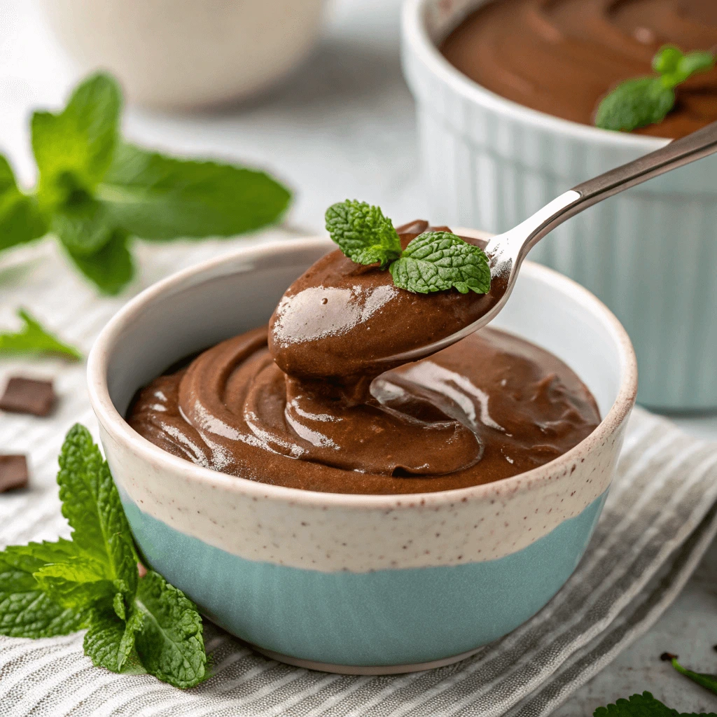 A spoon dipping into creamy vegan chocolate pudding without coconut milk, with smooth, glossy texture and a garnish of fresh mint leaves.