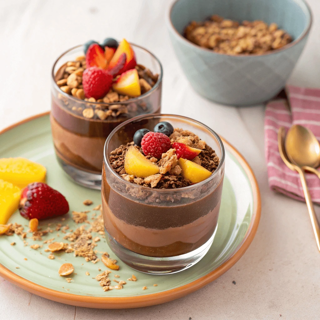 Two glasses of vegan chocolate pudding without coconut milk, layered with granola and fresh fruit, served on a pastel-colored plate.