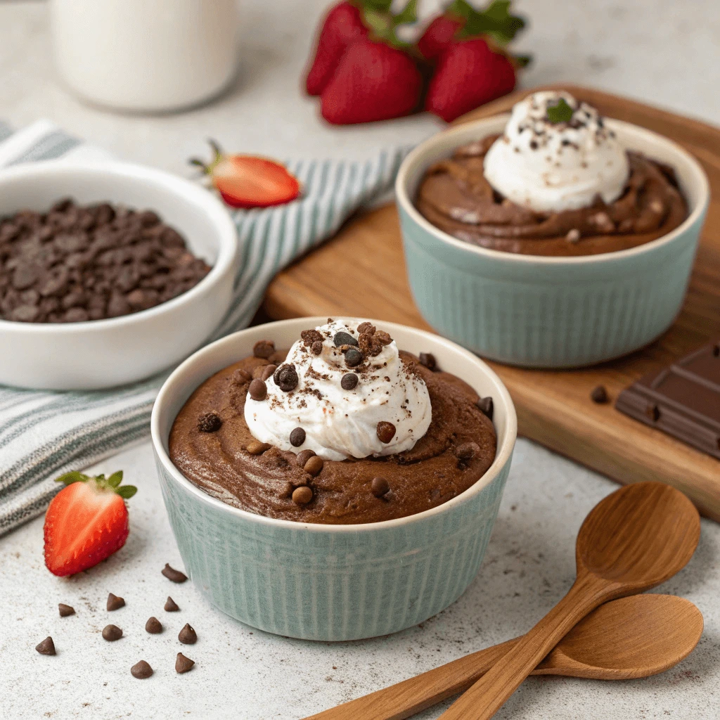 Vegan chocolate pudding without coconut milk served in individual bowls, topped with whipped cream, chocolate chips, and cacao nibs.