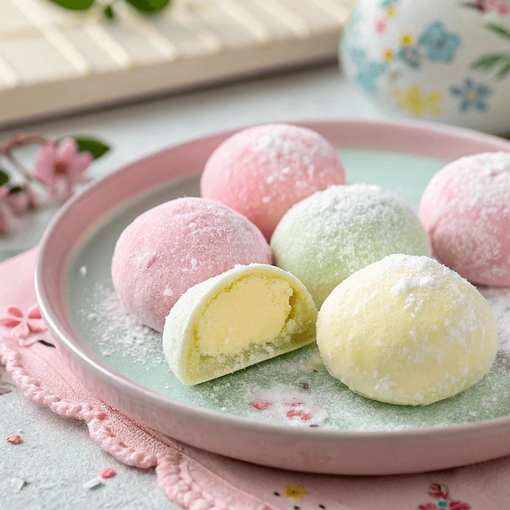 Colorful mochi ice cream balls in pink, green, and yellow on a pastel plate, dusted with powdered sugar.