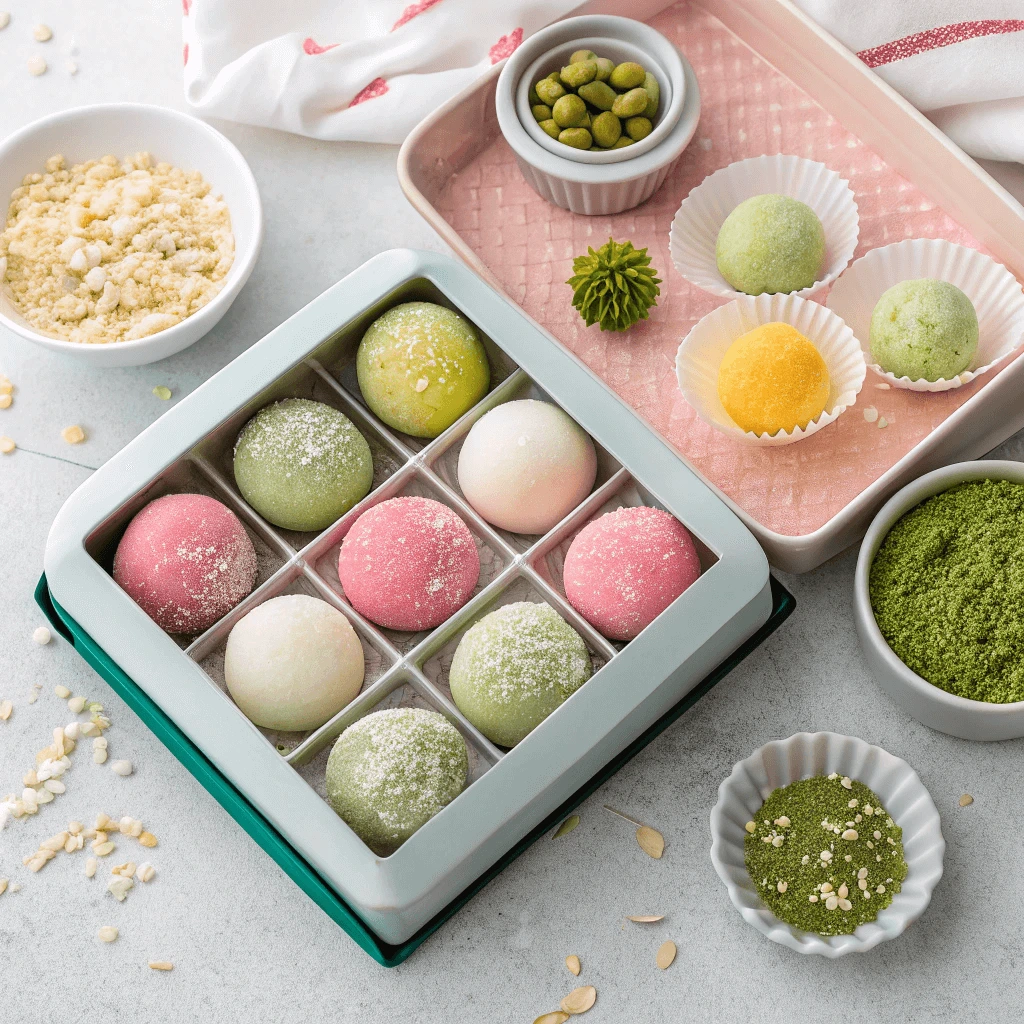 Assorted pastel-colored mochi ice cream with creamy filling on a decorative plate.