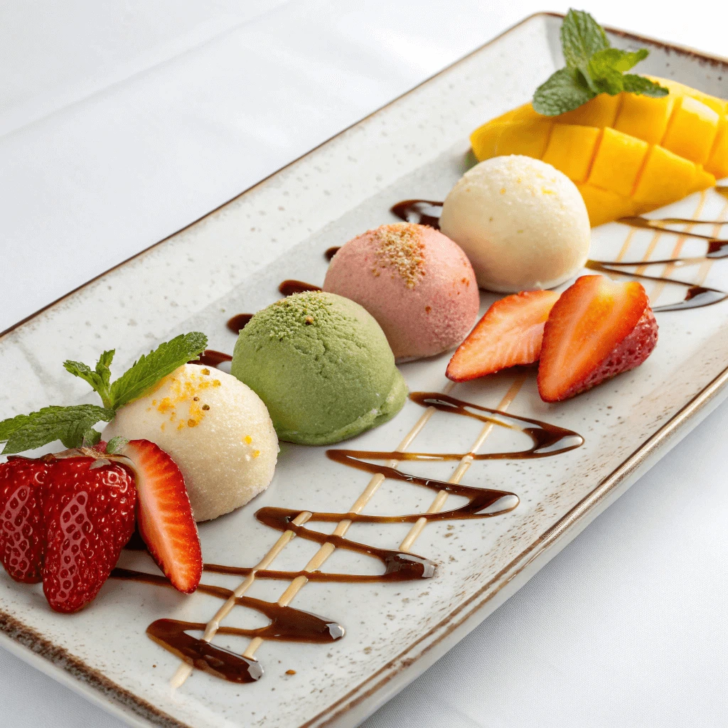 Assorted pastel mochi ice cream balls dusted with sugar on an elegant plate.