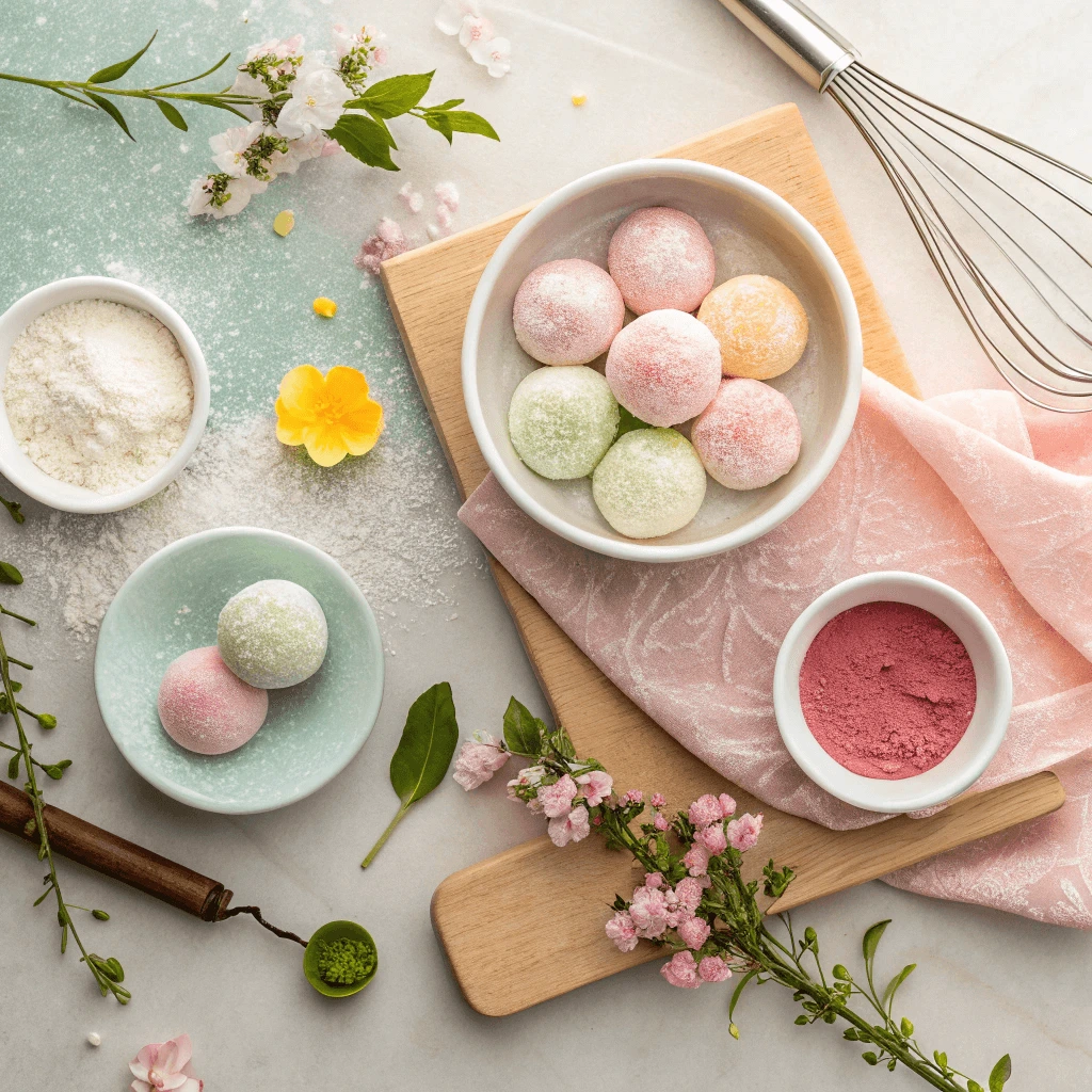 Overhead flat lay of pastel mochi ice cream balls, natural food color powders, fresh fruit purees, delicate flowers, and a vintage whisk on a pastel-colored kitchen table.