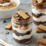Close-up of a mason jar filled with layers of graham cracker crumbs, melted chocolate, and marshmallows.