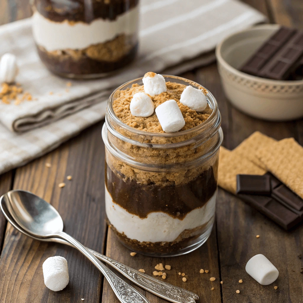 Close-up of a mason jar dessert topped with golden, toasted marshmallows and a sprinkle of crushed graham crackers.