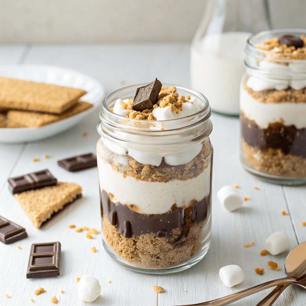 Close-up of a mason jar dessert layered with graham cracker, chocolate, marshmallow, and topped with whipped cream and sprinkles.
