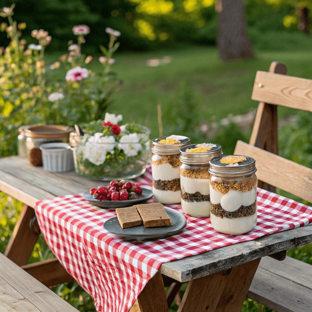 S’mores in mason jars topped with whipped cream and a drizzle of chocolate syrup on a festive dessert table.
