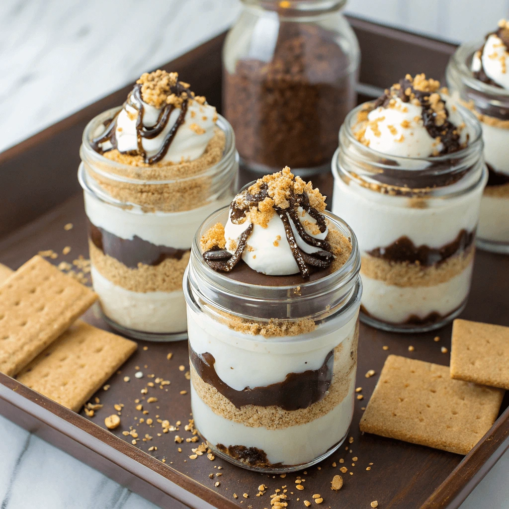 A jar dessert topped with golden, toasted marshmallows and a sprinkle of graham cracker crumbs.